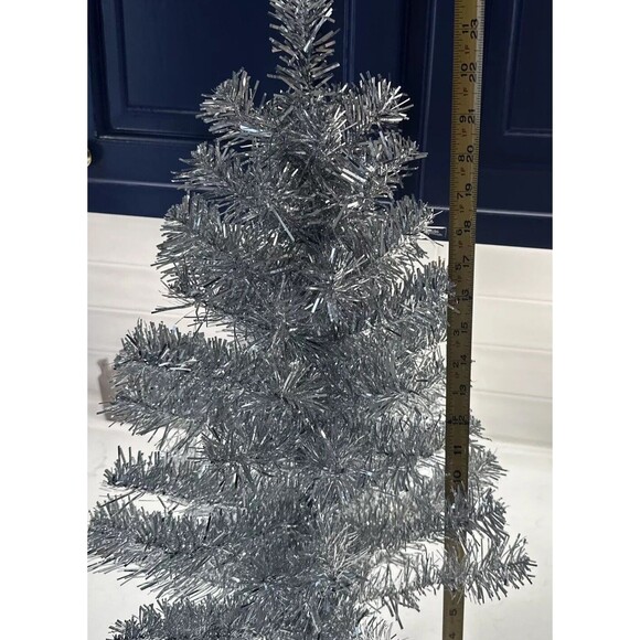 24'' Christmas Tree Silver Feather Tinsel Tabletop Tree w/ Ball Ornaments/Star - Picture 1 of 12